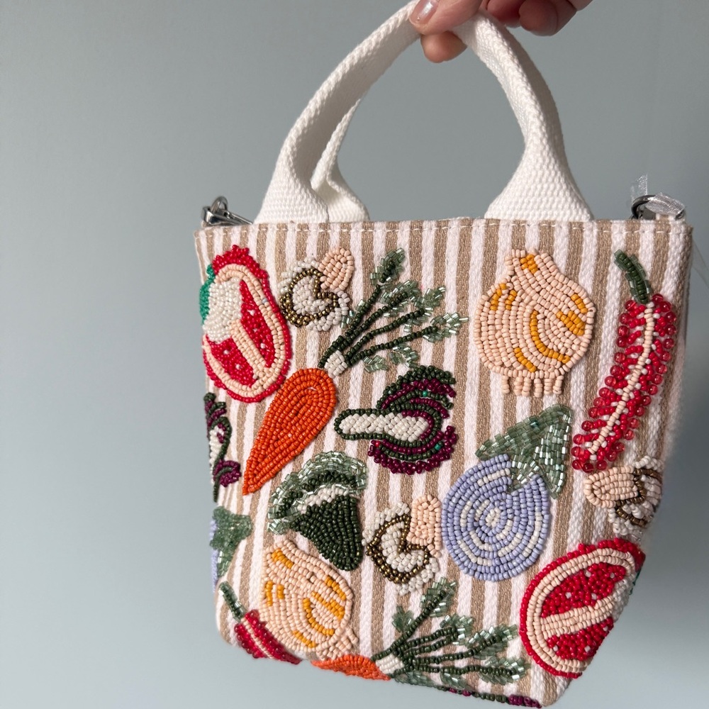 Cream Striped Beaded Vegetable Tote Bag